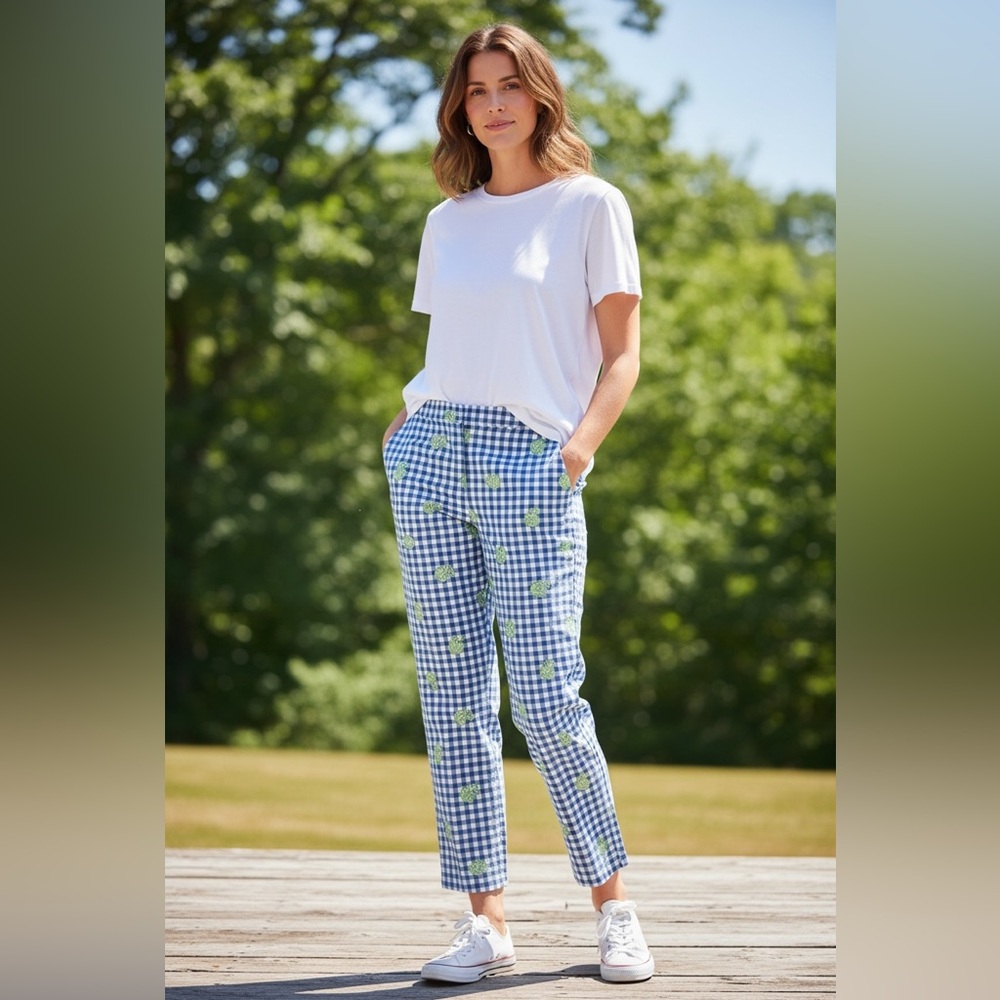 Lilly Pulitzer Blue Cotton Capri Hermit Crab Gingham Check Pants White Lbl 10